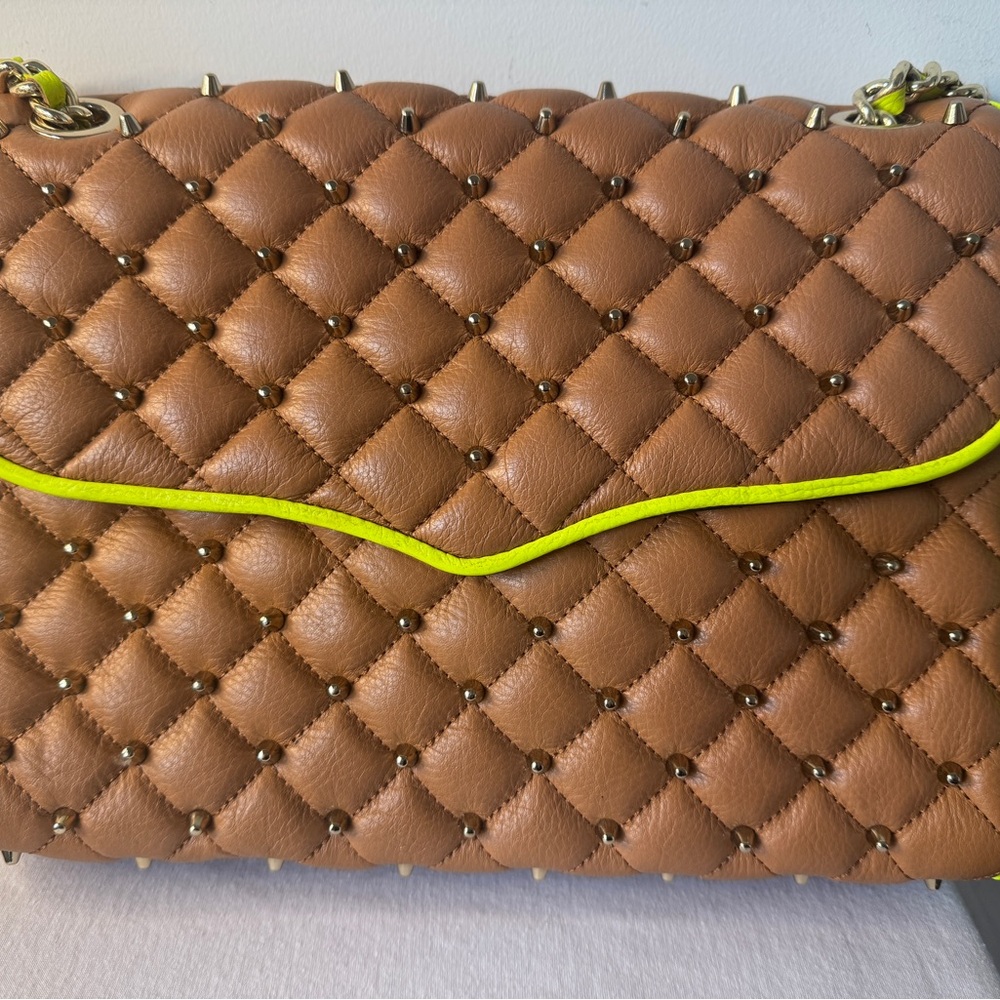 Rebecca Minkoff Quilted Tan Shoulder Bag with Neon Yellow Trim - Picture 2 of 9